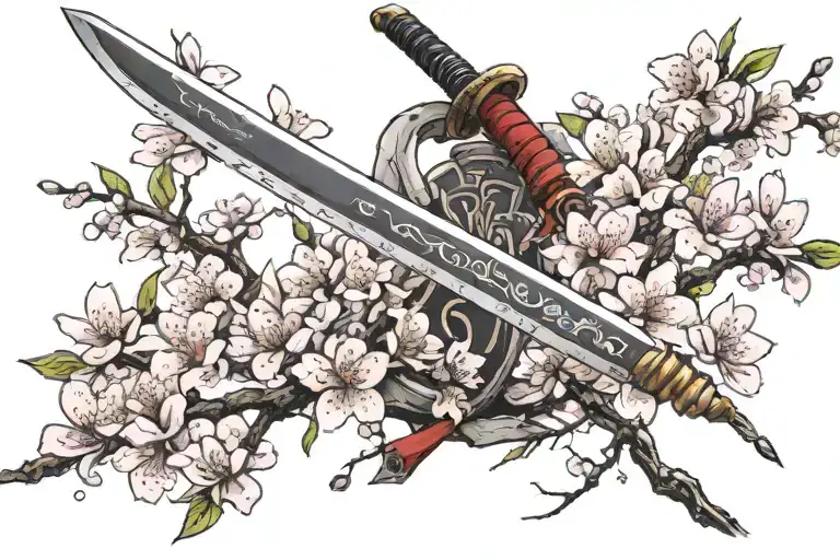 Long Katana Surrounded By Cherry Blossoms And Branch By Itself With The Letter V