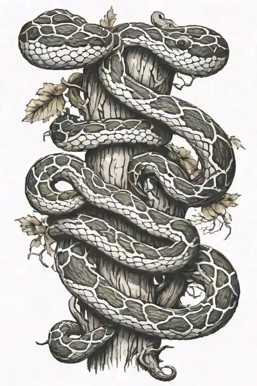 Snake Wrapped Around An Oak Tree Trunk