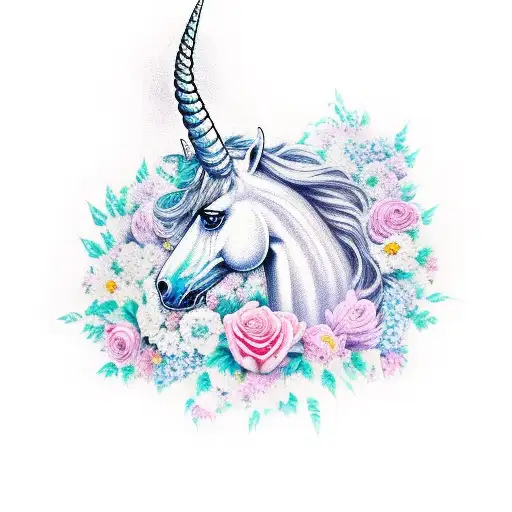 A Realistic Portrait Of A Majestic Unicorn Surrounded By Flowers