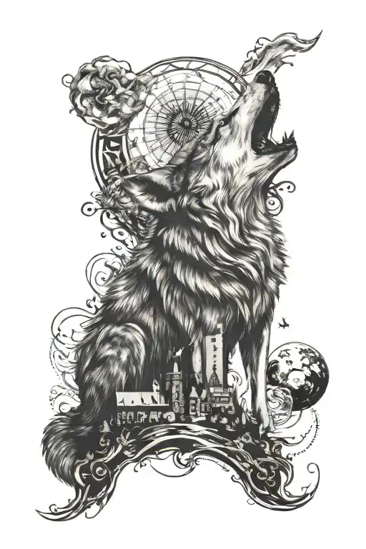 A Wolf Howling At The Moon While Traveling Through Different Countries