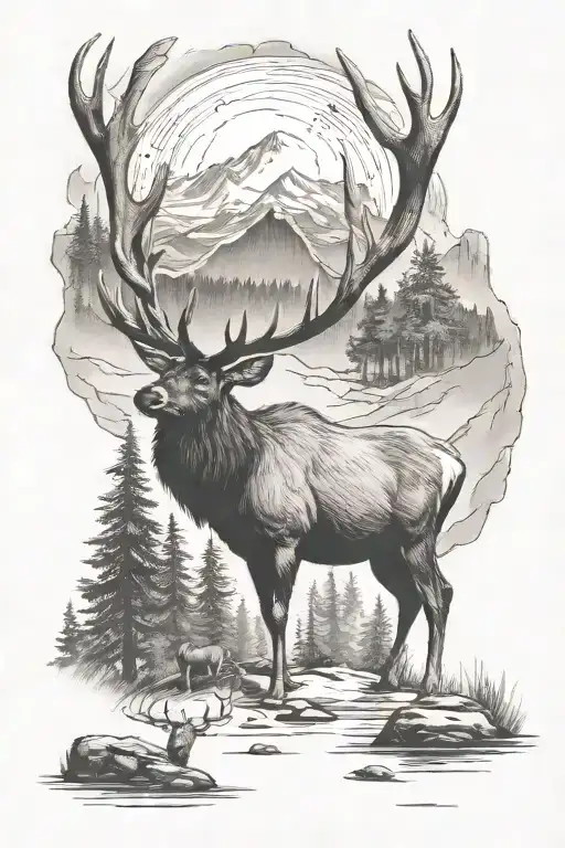 Forrest With Mountains And 1 Bull Elk And 3 Cow Elk