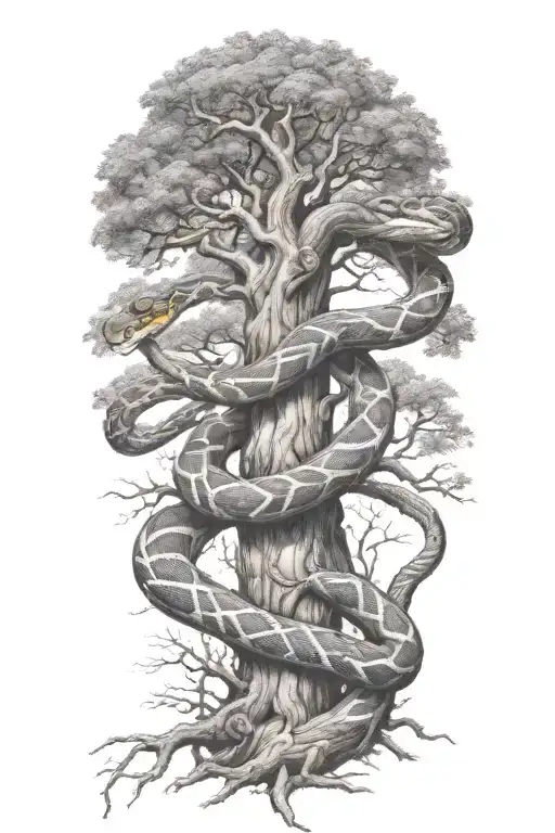 Snake Wrapped Around A Full Oak Tree With Branches
