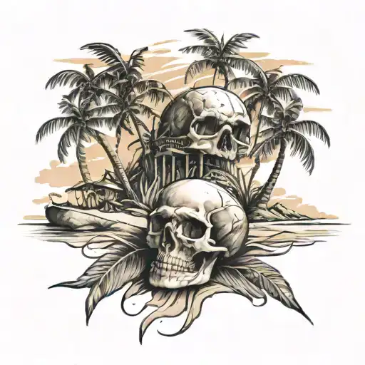 A Sketch Style Tattoo Of A Beach Scene With Palm Trees And A Skull Buried In The Sand