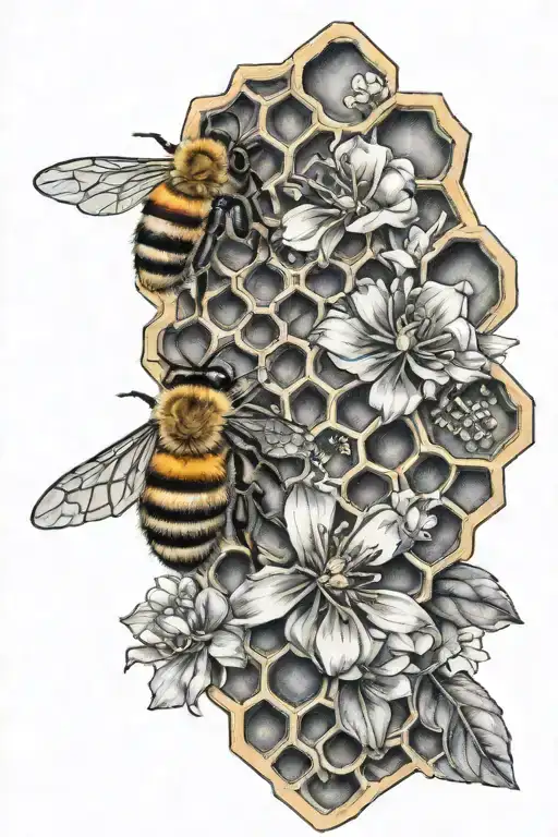 Honeycomb And Bee With 3 Flowers