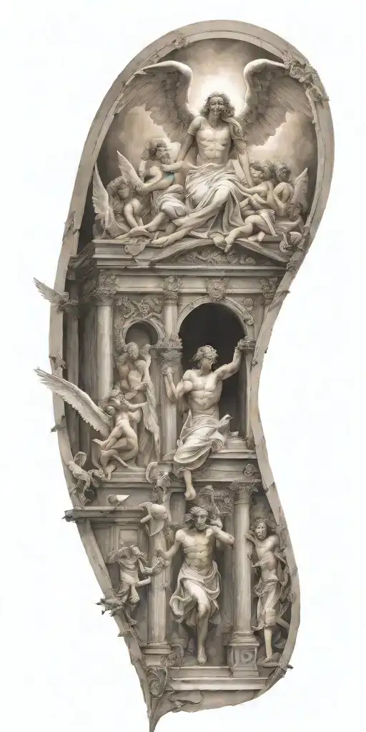 Angels Going Through Gates Of Heaven While Fighting Demons Trapped In Hell