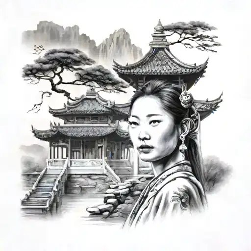 Chinese Pause With Temple T A Woman In The Foreground