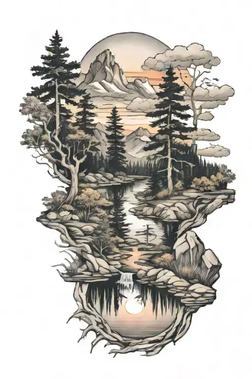 Mountain Landscape With Trees And Sunset Next To Fishing Pond