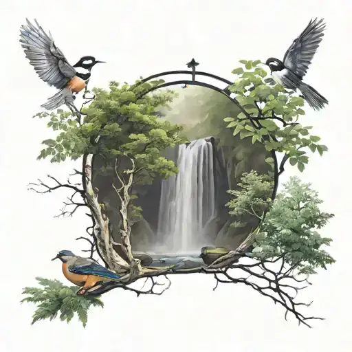 Forest With Waterfall And Birds And Cross
