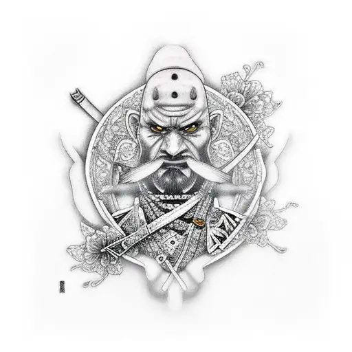 Cara De Samurai Con Espada Y Flores Volando