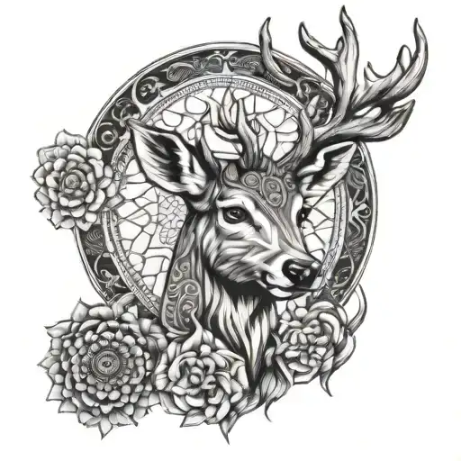 Mandala Deer Head With Background Filled Designed Circle Tattoo On Forearm