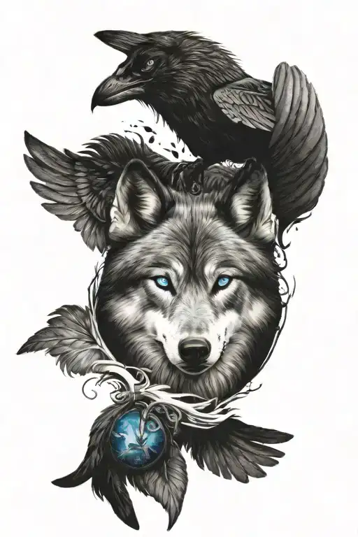 Blue Eyed Wolf With Raven Flying Underneath Its Paws