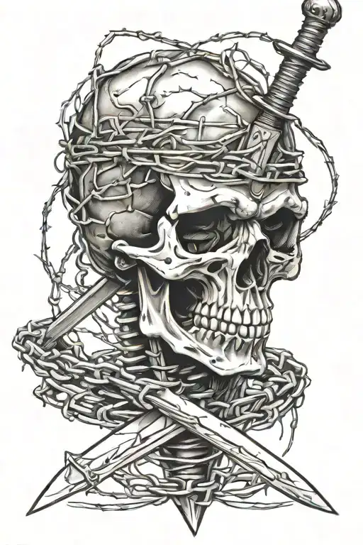 Skull With A Sword Piercing The Top Wrapped Around With Barbed Wire