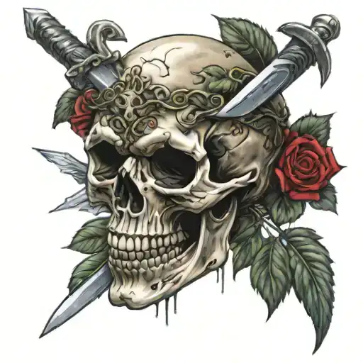Skull Stabbed With Sword And Roses