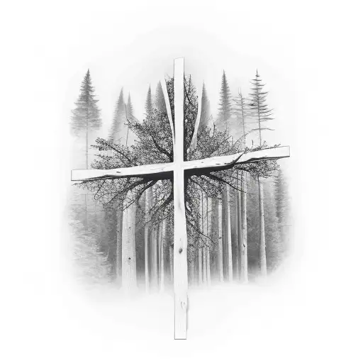 Mountain And Forest With Wooden Cross Between Trees