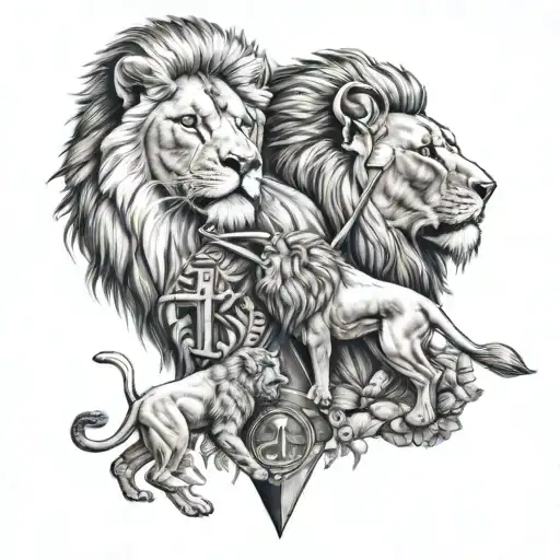 Sagittarius Arrow And Lion With Two Children Lions At The Middle