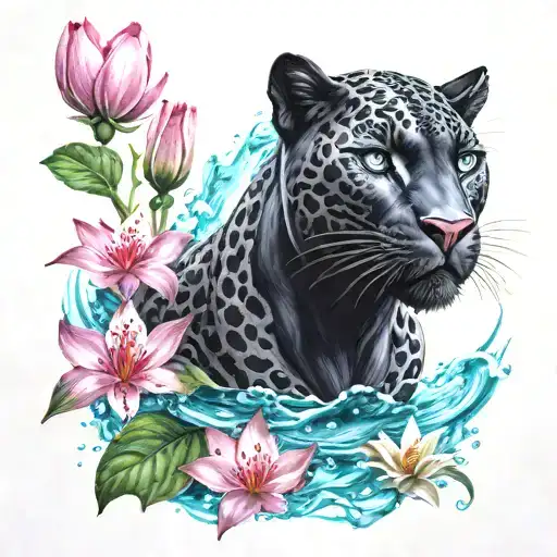 Black Panther With Aqua Eyes And Surrounded By Pink Water Lilly's