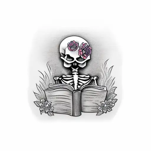 Skeleton Reading A Book With Flowers