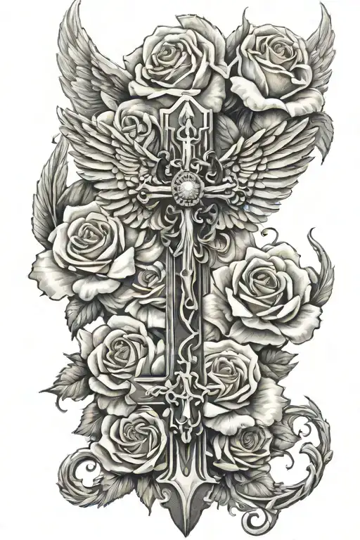 Cross With Angel Wings And Roses