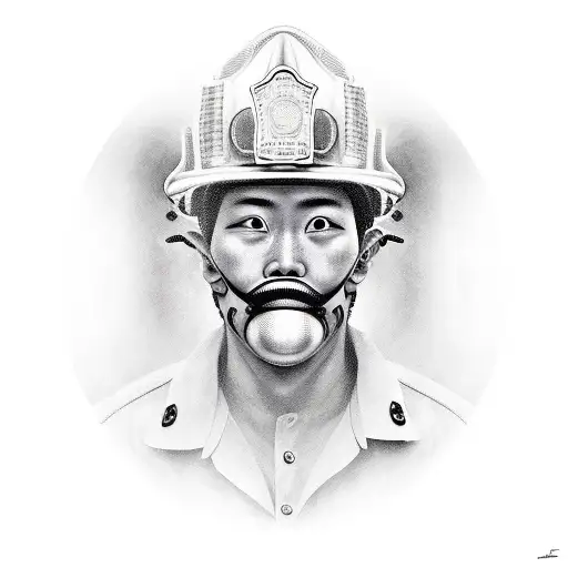 Realistic Portrait Of A Fireman Wearing A Japanese Mask