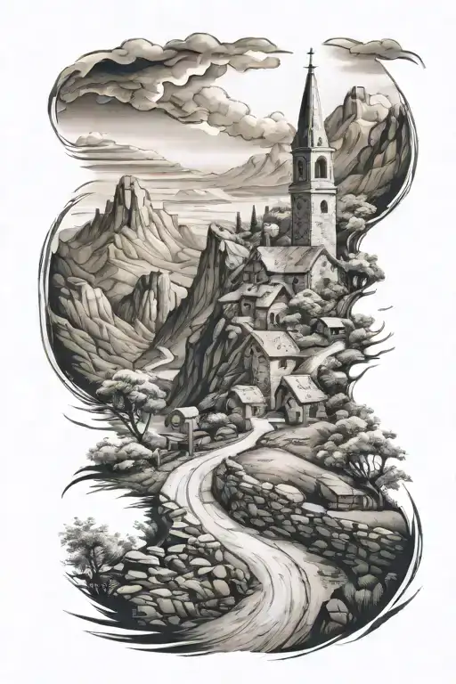 Windy Mountain Road Leading Towards A Church