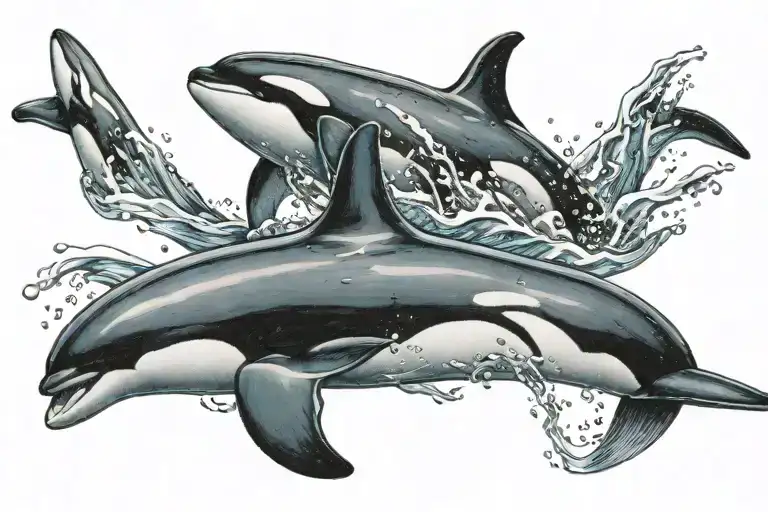 Tatoo Of Orca Pod With Dorsal Fins Only Showing Through The Surface Of The Water