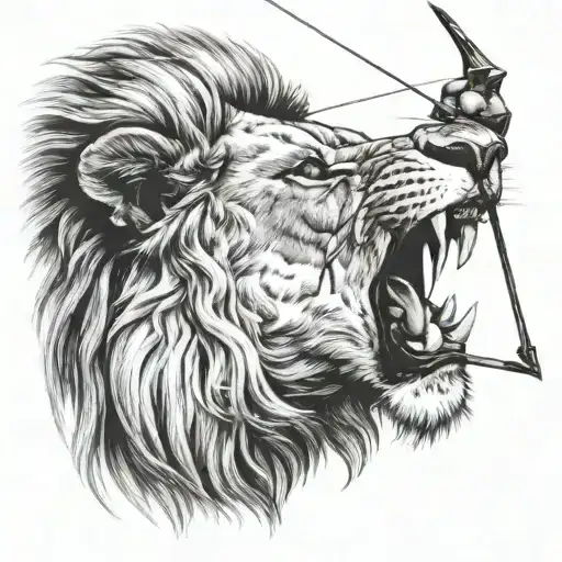 Lion Looking Down Holding Arrow In Mouth