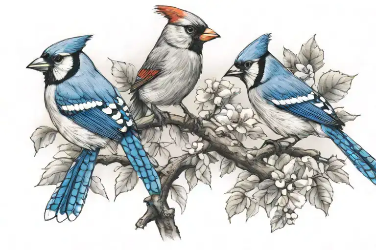 Cardinal And Blue Jay Perched