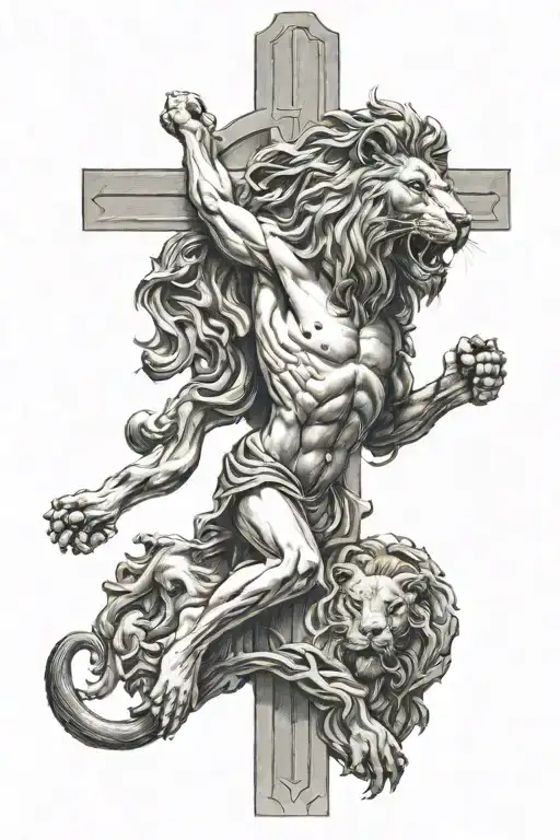 The Crucifix Of Jesus Christ And A Lion Roaring
