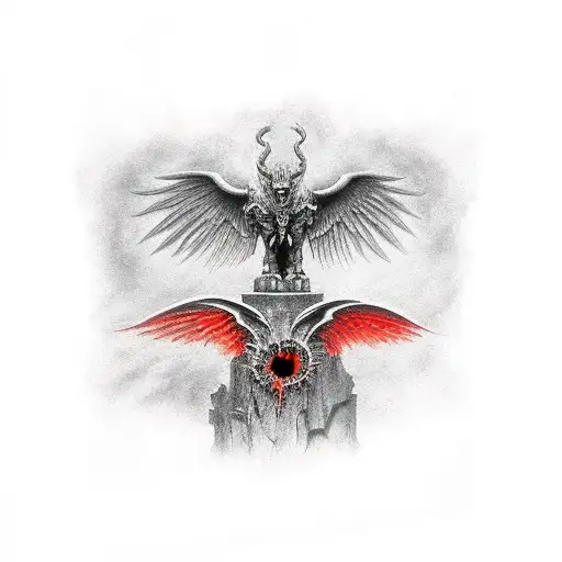 Big Black Gargoyle With Red Eyes And Large Wings Sitting On A Dark Fiery Decay Earth