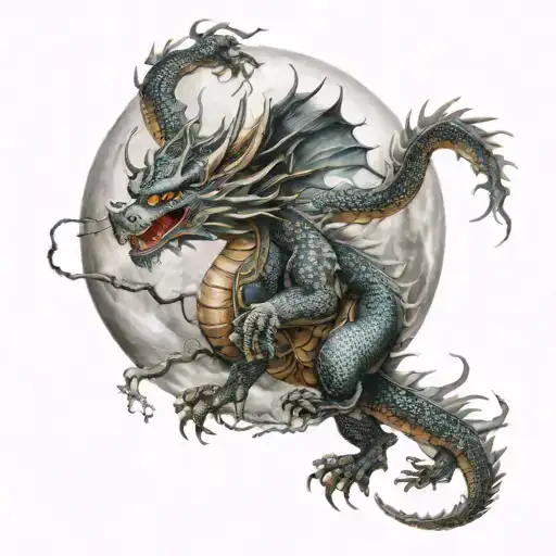 Asian Dragon Wrapped Around Moon Wiht Lightning Around It