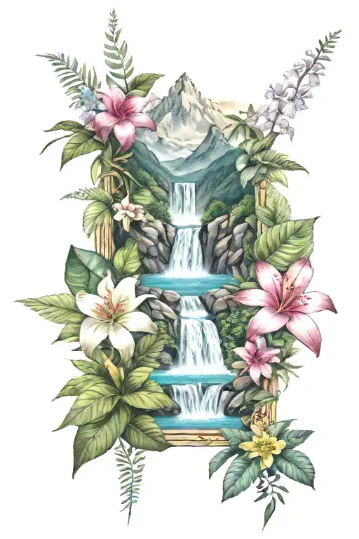 Mountain Peaks And Waterfall Surrounded By Tropical Flowers
