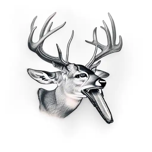 A Deer Tattoo Holding Gun With His Teeth
