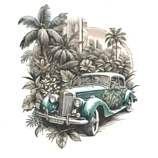 Vintage Car Surrounded By A Lush Garden