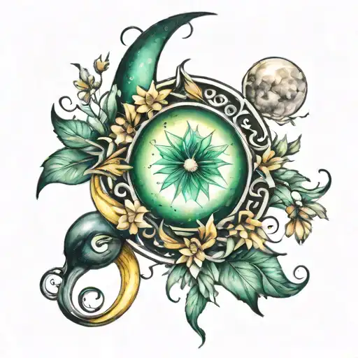Witchy Tattoo With Emerald And Citrine Colored Cosmos And A Waning Crescent Moon Emerging From Them