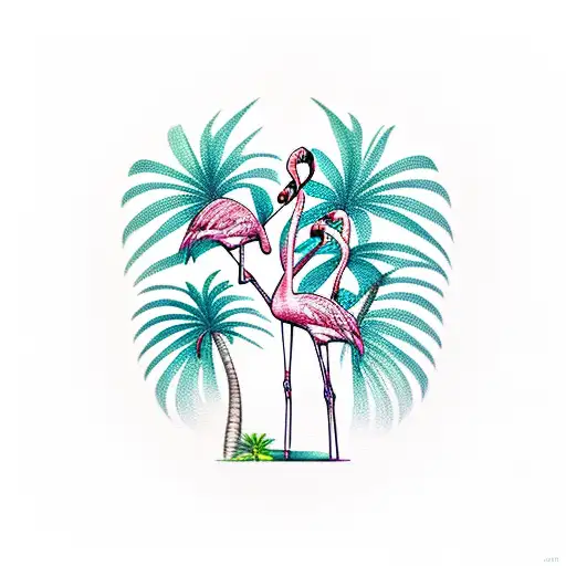 Flamingo And Palm Trees