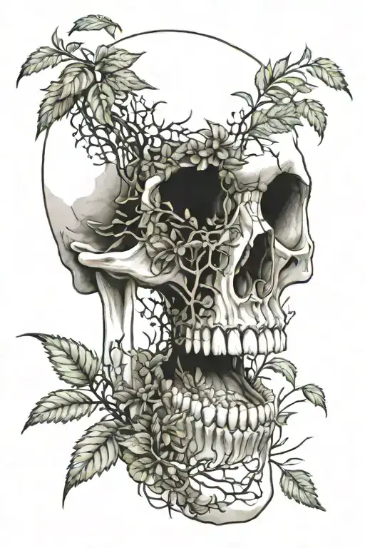 A Skull With And Open Mouth With Plants Growing Inside Its Mouth And Eye Sockets