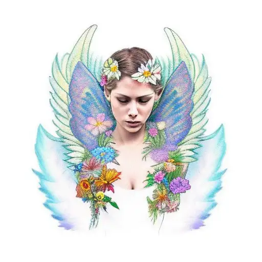 A Vibrant And Colorful Tattoo Of Angel Wings Surrounded By A Garden Of Flowers And Butterflies