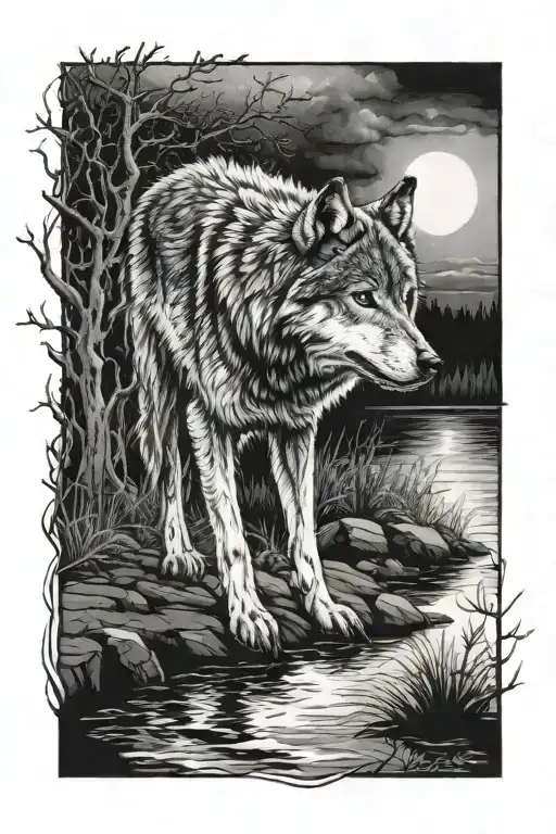 Wolf Crossing A Stream During A Full Moon Rising