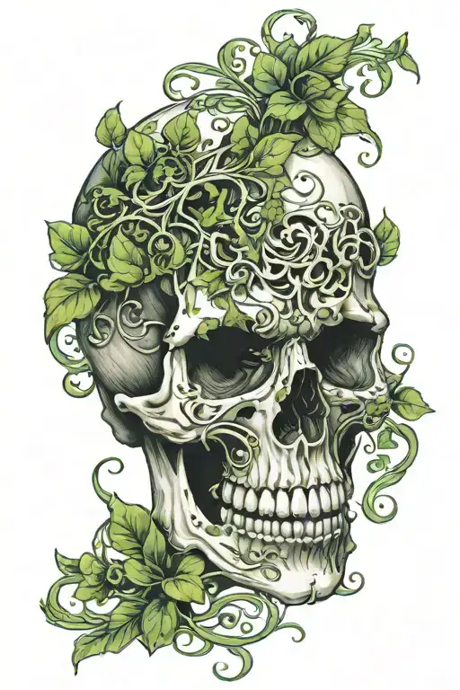 A Skull With Green Vines Flowing Out From The Eye Sockets And Mouth Hole