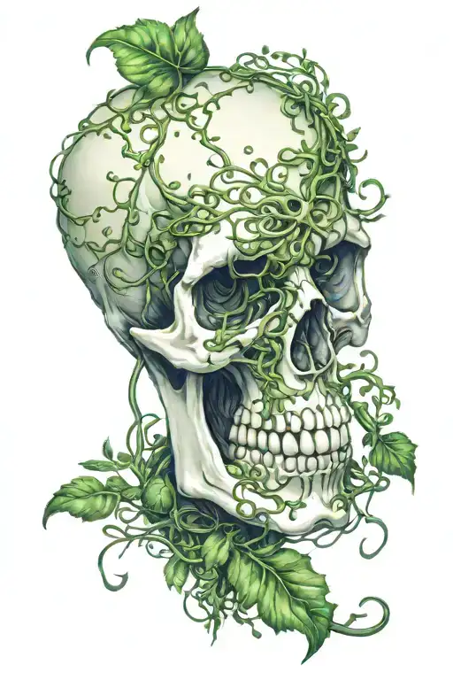 A Skull With Green Vines Flowing Downwards From The Eye Sockets And Mouth Hole