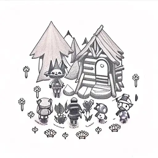 A Realism Style Tattoo Of Animal Crossing Villagers Gathered Around A Campfire In A Field Of Flowers