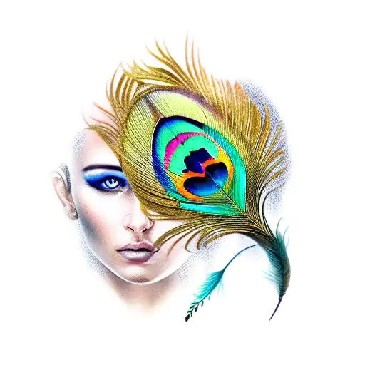 Golden Peacock Feather With Woman's Face In It