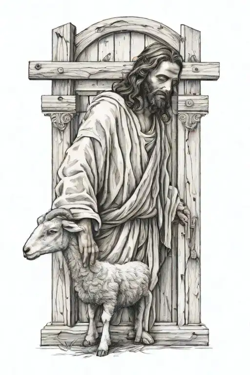 Jesus Carrying A Lamb Over His Sholder In Front Of An Old Wooden Door Frame
