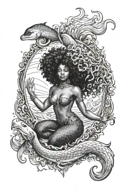 Beautiful Black Mermaid With Afro Surrounded By The Ocean