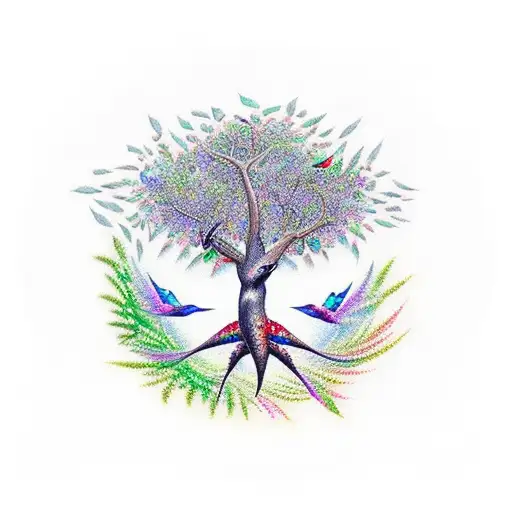 Tree Of Life With Hummingbirds Flying Around