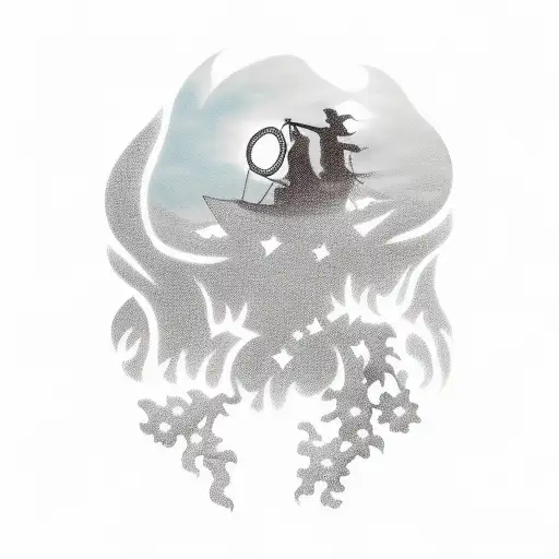 Kid Silhouette Blowing The Darkness Away From A Man Shilouette With His Light