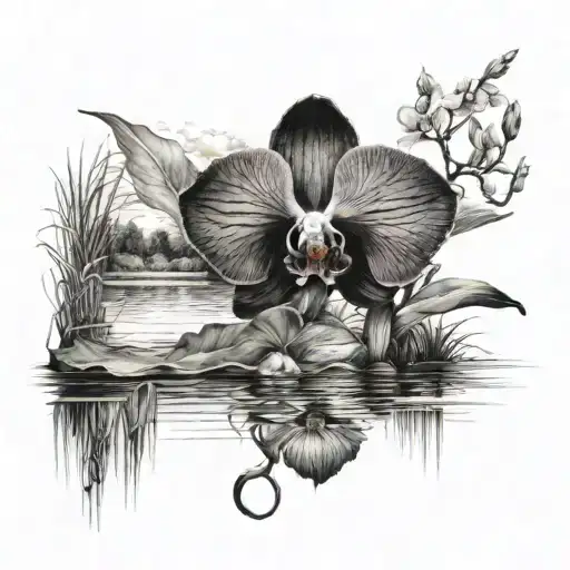 Single Black Orchid In Front Of A Lake With A Wolf Cub
