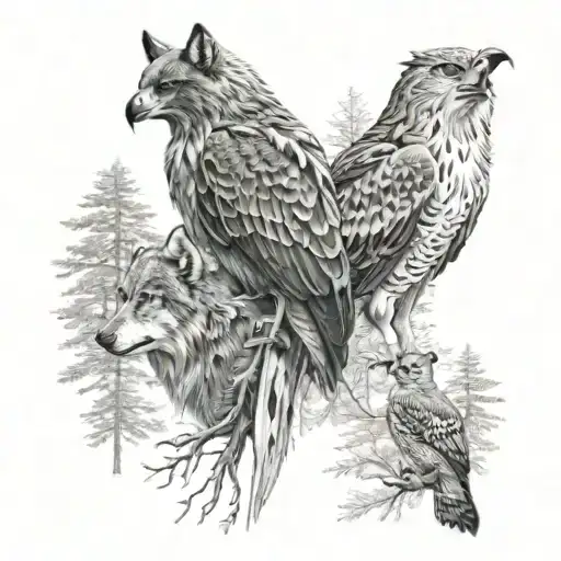 A Hawk And A Wolf In The Forest