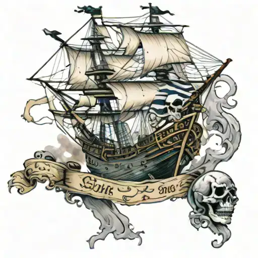 Pirate Ship In Battle With Skull And Crossbones Flag Flying