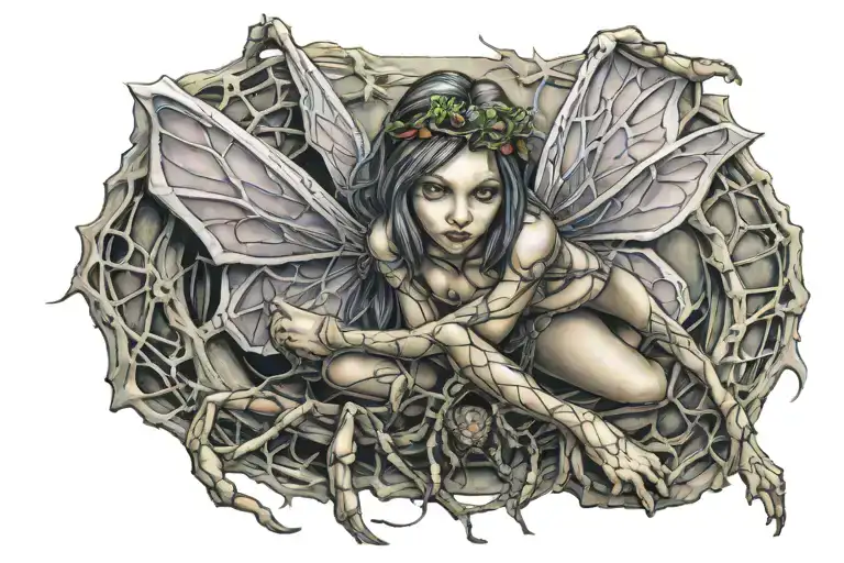 Small Fairy Hugging A Spider Hanging Form A Web